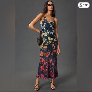 Anthropologie Navy Maxi Slip Dress with Ombre Floral Print